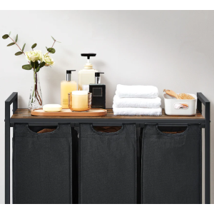 Industrial Laundry Hamper Rustic Storage Cabinet 3 Baskets Bag Lid Shelf Sorter Bin - Image 4