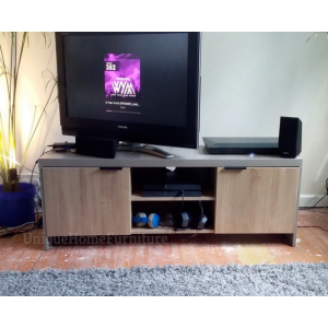 Grey TV Stand Large Media Cabinet Rustic Concrete Effect Vintage Wood Shelf Unit - Image 3