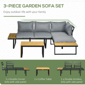 Metal Patio Furniture Garden Lounge Set Corner Cushion Wooden Sofa Chair Table - Image 3