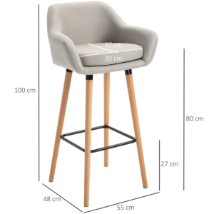 Retro Bar Stools Set 2 Upholstered Linen Padded Tall Breakfast Solid Wood Seat - Image 3
