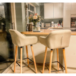 Retro Bar Stools Set 2 Upholstered Linen Padded Tall Breakfast Solid Wood Seat