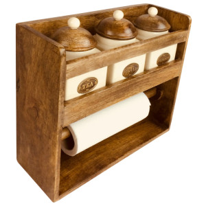 Kitchen Storage Unit Rustic 3 Ceramic Sugar Coffee Tea Jars Rack Wooden Roll Holder - Image 2