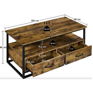 Industrial Coffee Table Rustic Metal Furniture Vintage Storage Drawer Large Unit - Image 4