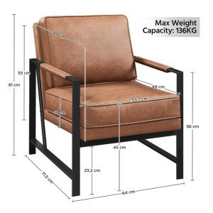 Vintage Industrial Armchair Faux Leather Sofa Chair Padded Cushion Accent Seat Brown - Image 4