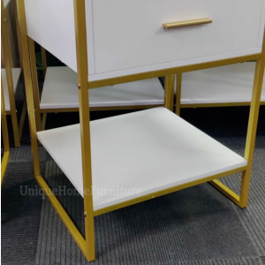 White Bedside Table Contemporary Gold Drawer Cabinet Modern Shelf Lamp Stand - Image 3
