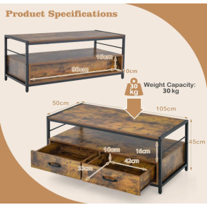 Large Coffee Table Vintage Industrial Storage Drawer Rustic Metal Shelf - Image 4