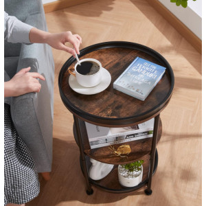 Industrial Side Table Small Round Coffee End Storage Tier Shelf Rustic Plant Lamp Stand - Image 3