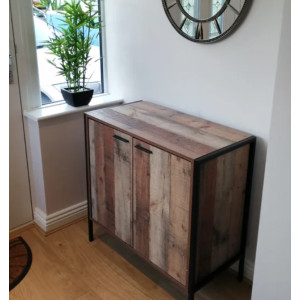 Industrial Side Cabinet Rustic Oak Sideboard Vintage Metal 2 Door Shelf Cupboard - Image 3
