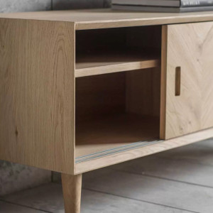 Oak Entertainment Unit Scandinavian Modern Media Cabinet Rustic Wood Sliding Doors - Image 3
