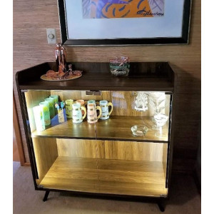 Modern Bar Cabinet Dark Walnut Cupboard Display Glass Doors Wine Storage Shelf Holder Rack - Image 5
