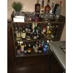 Modern Bar Cabinet Dark Walnut Cupboard Display Glass Doors Wine Storage Shelf Holder Rack - Image 4