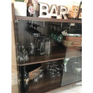 Modern Bar Cabinet Dark Walnut Cupboard Display Glass Doors Wine Storage Shelf Holder Rack - Image 3