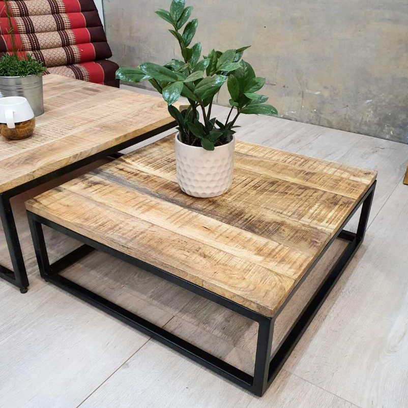 Rustic-Coffee-Table-Vintage-Industrial-Set-2-Large-Side-End-Square-Metal-Solid-Wood-Tables