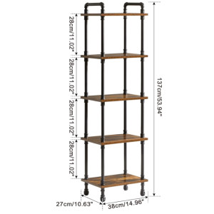 Rustic Shelving Unit Vintage Industrial 5 Tier Metal Pipe Bookcase Storage Display Cabinet - Image 3