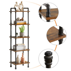 Rustic Shelving Unit Vintage Industrial 5 Tier Metal Pipe Bookcase Storage Display Cabinet - Image 4