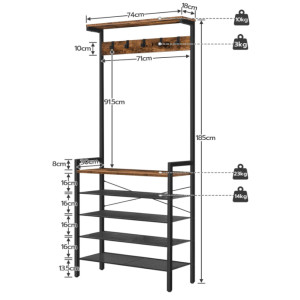 Industrial Coat Stand Rustic Metal Show Storage Cabinet Vintage Hall Tree Shelf Hooks Unit - Image 5