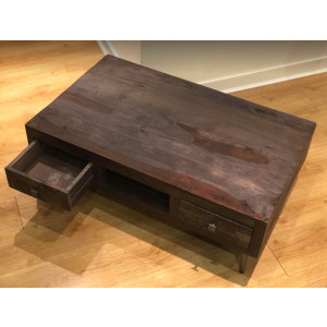 Rustic Coffee Table Vintage Industrial Storage Shelf Drawer Solid Wood Farmhouse Unit - Image 3