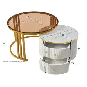 Modern Coffee Table White Gold 2 Storage Drawers Round Glass End Nest Tables Set - Image 4