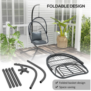 Hanging Swing Chair Garden Patio Furniture Grey Swivel Egg Seat Deck Metal Stand - Image 3