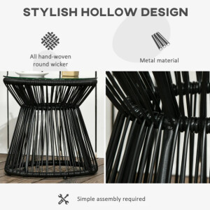 Garden Side Table Small Glass Coffee Black Metal Round Patio Wicker Furniture - Image 4