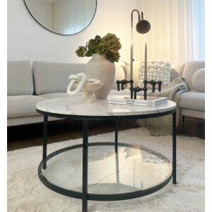 Round Coffee Table Metal Glass Furniture Faux Marble Room End Modern Large Shelf - Image 2