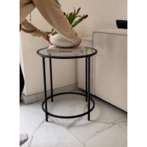 Glass Side Table Small Round Plant Lamp Stand Modern Black Metal Sofa End Coffee - Image 2