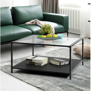 Glass Coffee Table Square Metal Storage Shelf Furniture Black Modern Living Room - Image 3
