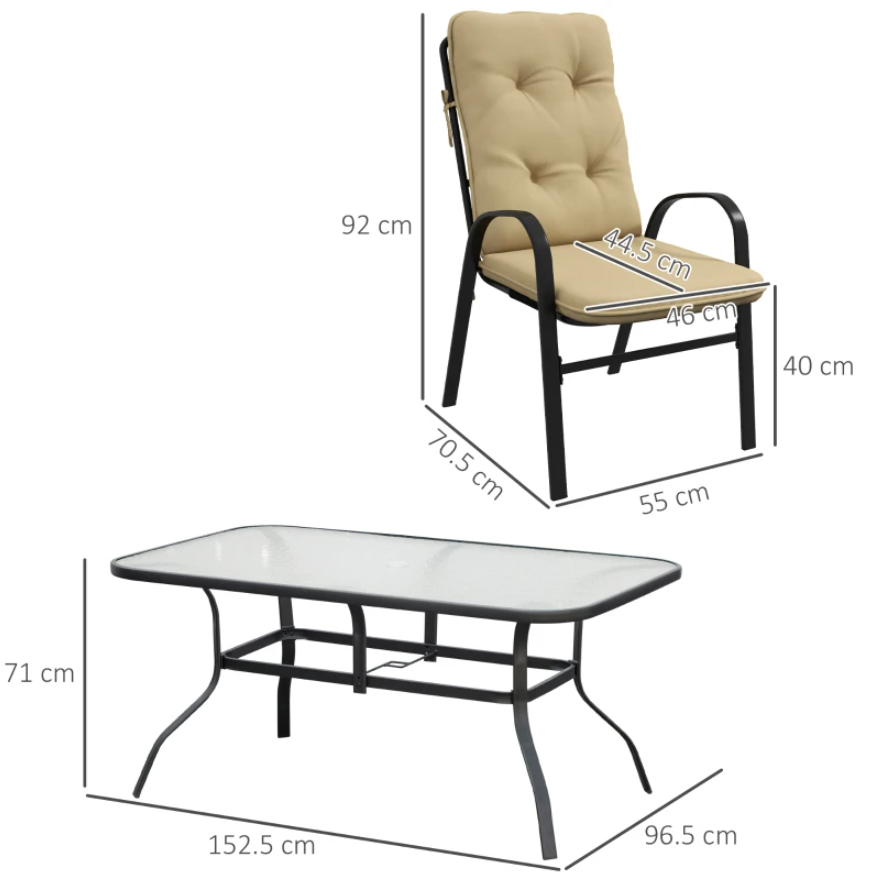 Outdoor-Patio-Furniture-Set-6-Seater-Beige-Cushion-Arm-Chair-Metal-Garden-Dining-Table