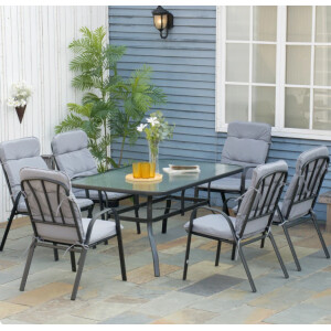 Outdoor Patio Furniture Set 6 Seater Grey Cushion Arm Chair Metal Garden Dining Table