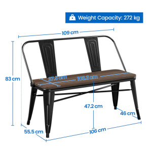 Rustic Dining Bench Vintage Industrial Metal Kitchen Chair Hall Wood Window Seat - Image 3
