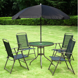 Patio Garden Furniture Small Glass Dining Table 4 Seat Folding Chair Parasol Set
