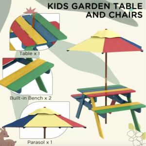 Picnic Table Bench Set Small Wooden Outdoor Kid Seat Garden Parasol Dining Party - Image 4