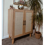 Rustic Side Cabinet Rattan Doors Cupboard Small Wooden Sideboard Chic Shelf Unit