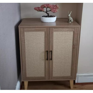 Rustic Side Cabinet Rattan Doors Cupboard Small Wooden Sideboard Chic Shelf Unit - Image 3