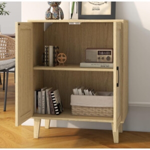 Rustic Side Cabinet Rattan Doors Cupboard Small Wooden Sideboard Chic Shelf Unit - Image 4