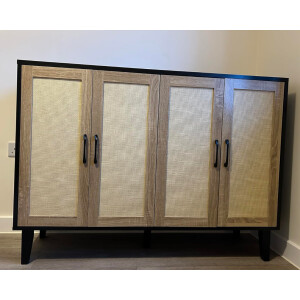 Large Storage Sideboard Black Rustic Cupboard Unit Vintage Woven Style Buffet Cabinet - Image 4