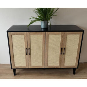 Large Storage Sideboard Black Rustic Cupboard Unit Vintage Woven Style Buffet Cabinet - Image 5