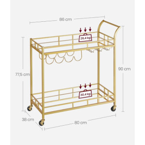 Modern Serving Trolley Large Gold Bar Drinks Cabinet Glass Storage Shelf Wine Holder - Image 5
