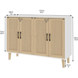 Large Storage Sideboard White Rustic Cupboard Unit Vintage Woven Style Buffet Cabinet - Image 3