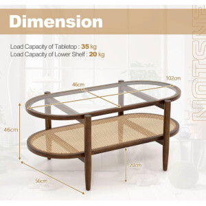 Wooden Coffee Table Mid Century Modern Style Glass Rattan Danish Storage Shelf - Image 5