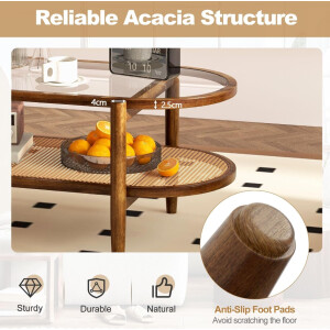 Wooden Coffee Table Mid Century Modern Style Glass Rattan Danish Storage Shelf - Image 4