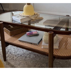 Wooden Coffee Table Mid Century Modern Style Glass Rattan Danish Storage Shelf - Image 3