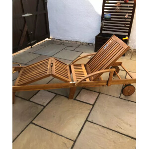 Wooden Sun Lounger Solid Wood Folding Recliner Wheels Chair Garden Patio Day Bed - Image 7