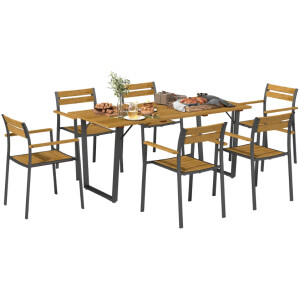 Garden Dining Table and Chairs Rustic Wood Furniture Large Metal Patio Seat Set