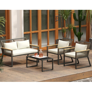 Modern Garden Furniture Set 4 Piece Outdoor Wicker Metal Patio Seat Chairs Table
