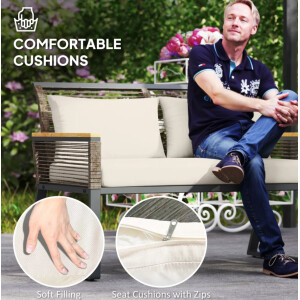 Modern Garden Furniture Set 4 Piece Outdoor Wicker Metal Patio Seat Chairs Table - Image 6