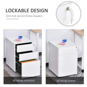 Lockable Filing Cabinet White Metal 3 Drawer Office A4 Legal Storage Wheels Unit - Image 7