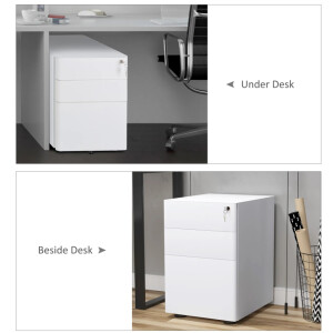 Lockable Filing Cabinet White Metal 3 Drawer Office A4 Legal Storage Wheels Unit - Image 6
