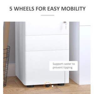 Lockable Filing Cabinet White Metal 3 Drawer Office A4 Legal Storage Wheels Unit - Image 5