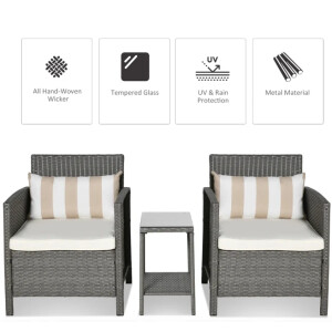 Rattan Bistro Set Garden Patio Furniture 2 Chairs Cushions Wicker Coffee Table - Image 8